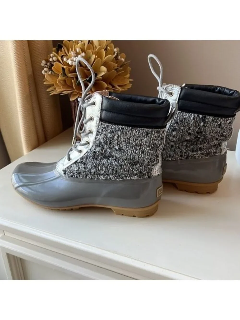 Sam Edelman Caldwell Waterproof RainSnow Duck Boots Silver Gray Tweed size 8